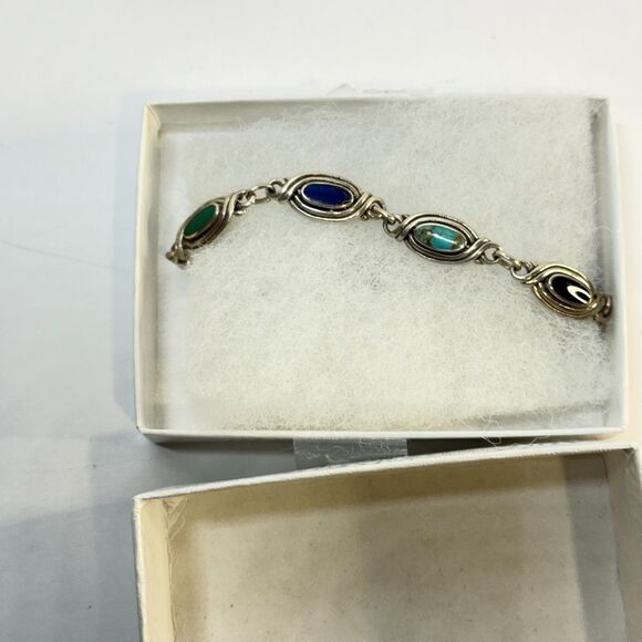 Vintage Boho SW 925 Silver Multi Stone Cabochon Link Bracelet 7" Turquoise Onyx - Picture 10 of 11